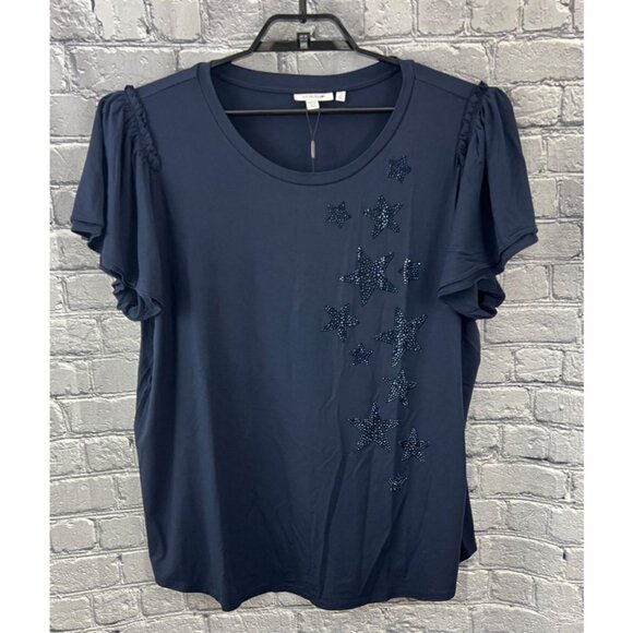 Chico's Tops - Chico's Touch of Cool Embroidered Stars Flutter Sleeve Tee Size 4 XXL Blue